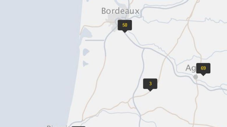 Sur la carte, on peut en compter 50 aux alentours de Bordeaux, 69 vers Agen, 33 près de Biarritz,.. Cela ne concerne pas que les villes, mais aussi les routes nationales, les autoroutes...